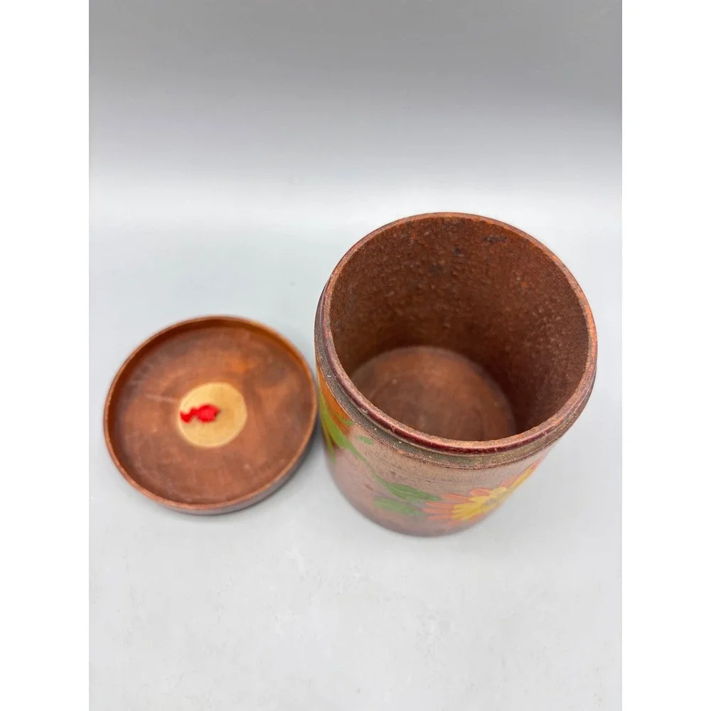Vtg Hand Painted Wooden Canister Jar with Lid Floral Design Trinket‎ Dish